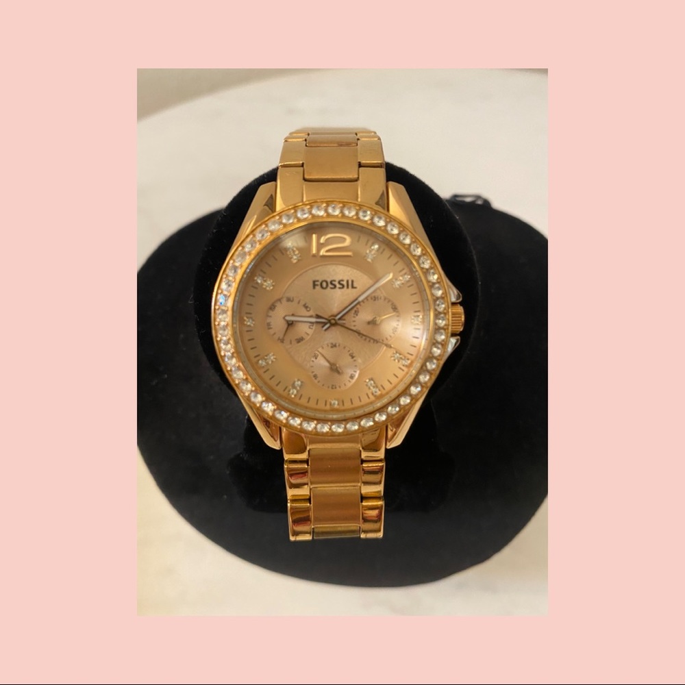 Fossil- Riley Rose Gold Tone Stainless Steel Crystal-Accent Multi Quartz ES2811